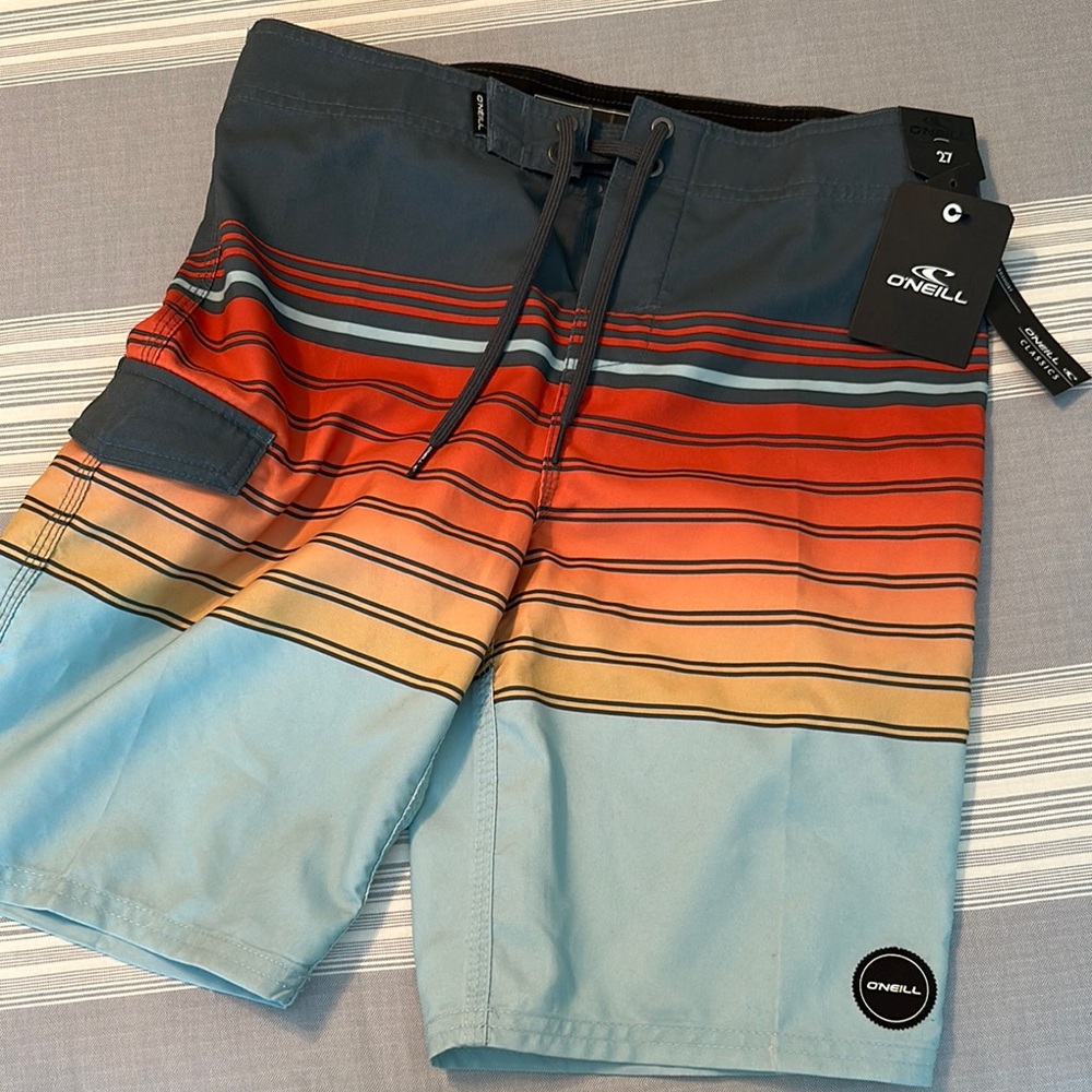O'Neill Blue and Red Board Shorts with Retro Surf Style